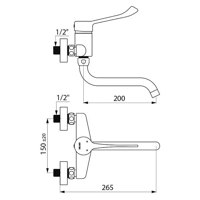 Delabie Spültischarmatur Delabie -  - Technische Zeichnung einer wandmontierten Einhebel-Mischbatterie mit 1/2" Anschlüssen und Maßen (Auslauf 200, Abstand 150±20).