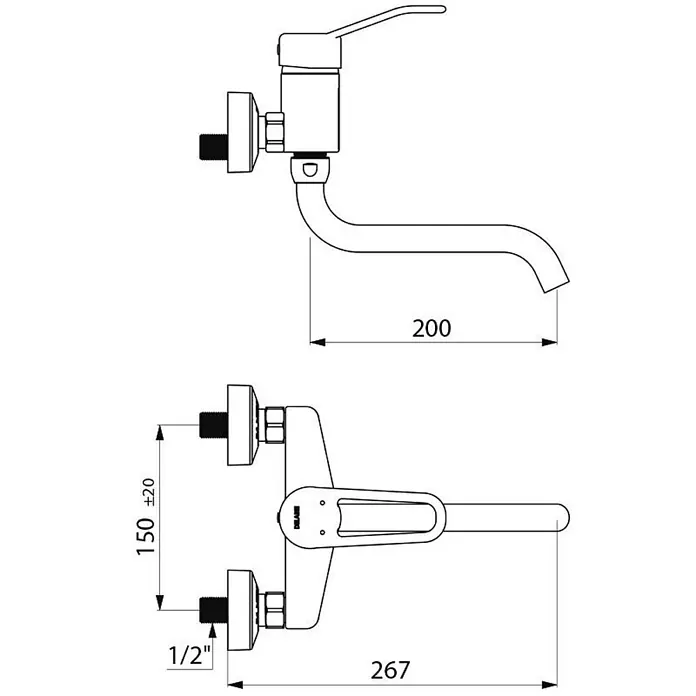 Delabie Spültischarmatur Delabie -  - Technische Zeichnung einer wandmontierten Einhebel-Küchenarmatur, mit Maßen für Auslauf und Installation.