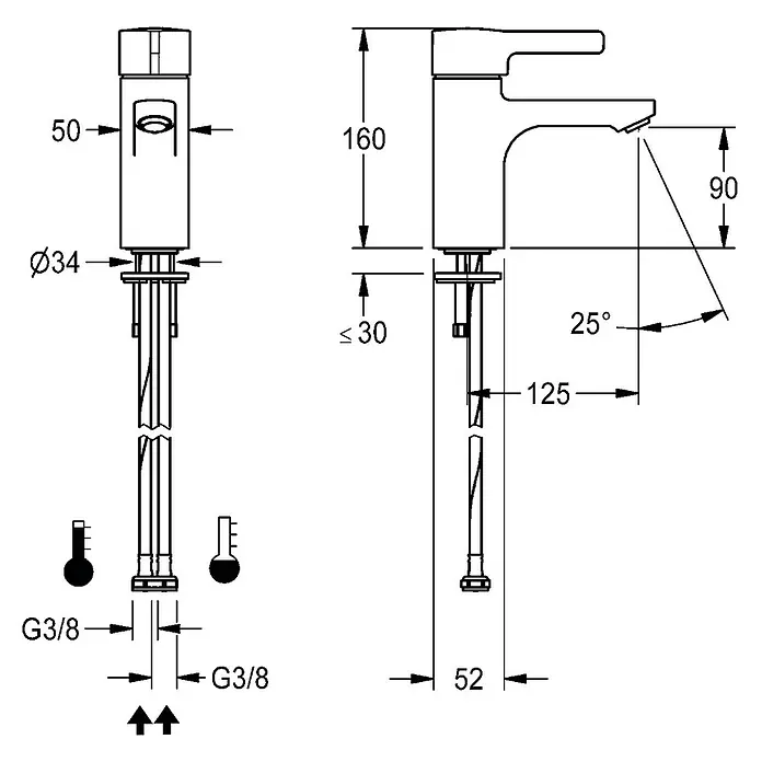 KWC Waschbecken KWC -  - Technische Zeichnung einer modernen Einhebel-Waschtischarmatur mit Maßen und G3/8 Anschlüssen für Warm- und Kaltwasser.