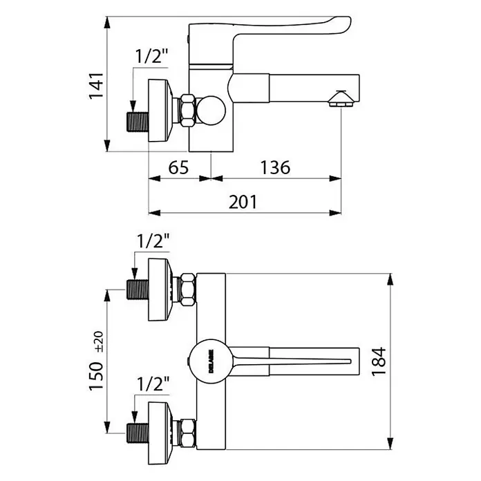 Delabie Spültischarmatur Delabie -  - Maßgezeichnete technische Zeichnung einer wandmontierten Einhebel-Mischbatterie mit 1/2"-Anschlüssen.