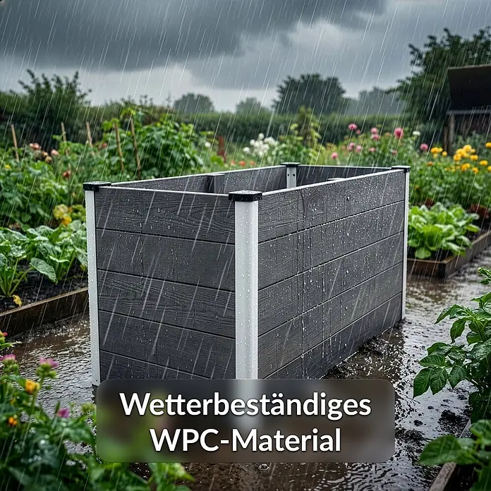 Floordirekt Hochbeet Delos - 150 x 70 x 75 cm, WPC, Anthrazit - Dunkelgraues WPC-Hochbeet im Regen, wetterbeständig.
