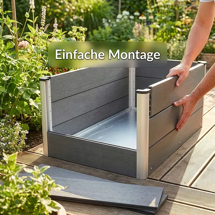 Floordirekt Hochbeet Paros - 100 x 50 x 45 cm, WPC, Anthrazit - Hände montieren ein dunkelgraues WPC Hochbeet mit silbernen Aluminiumpfosten auf einer Holzterrasse.