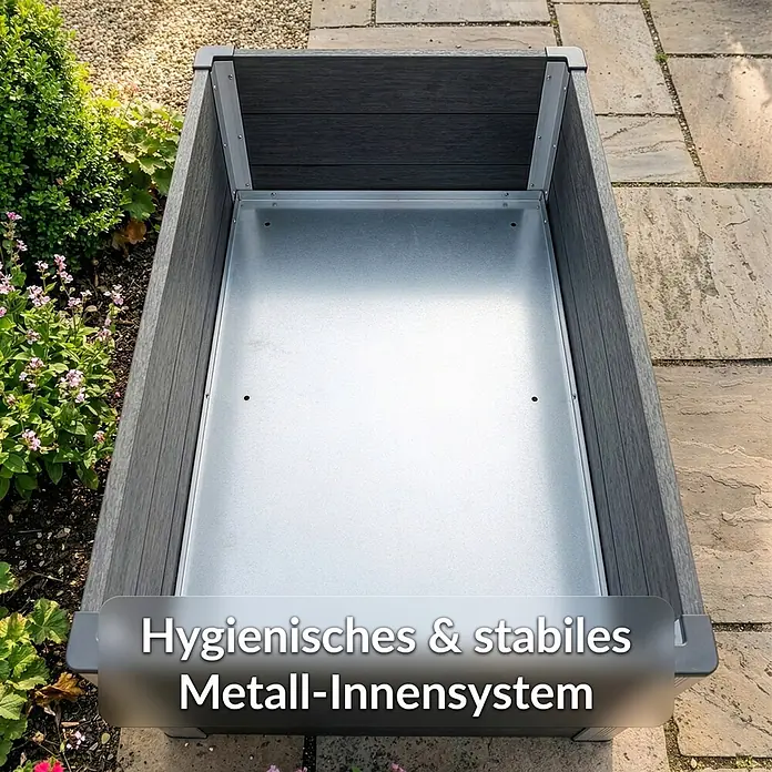 Floordirekt Hochbeet Paros - 100 x 50 x 45 cm, WPC, Anthrazit - Rechteckiger dunkelgrauer Pflanzkübel in Holzoptik mit glänzendem Metall-Innensystem, im Freien.