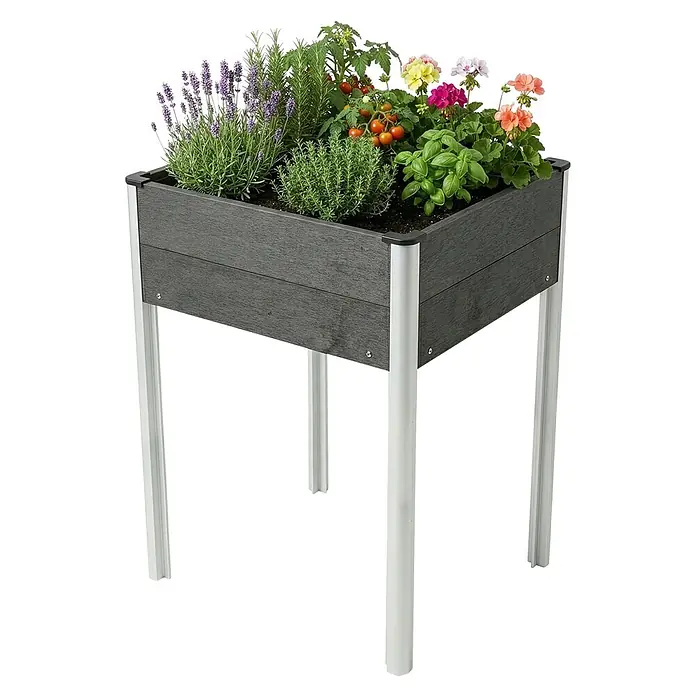 Floordirekt Hochbeet Salina - 60 x 50 x 90 cm, WPC, Anthrazit - Dunkelgraues WPC Hochbeet mit silbernen Aluminiumbeinen, bepflanzt mit Kräutern, Blumen und Gemüse.
