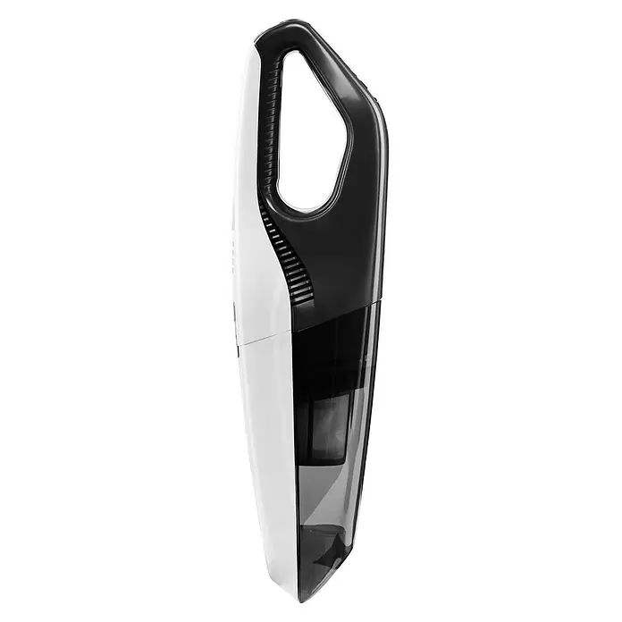 Nilfisk Akku-Handstaubsauger Quick - 20 V, 1 Akku, 1,95 Ah, 0,6 l - Seitenansicht eines tragbaren, kabellosen Staubsaugers in Schwarz und Weiß. Kompakter Sauger für schnelle Reinigungsarbeiten.