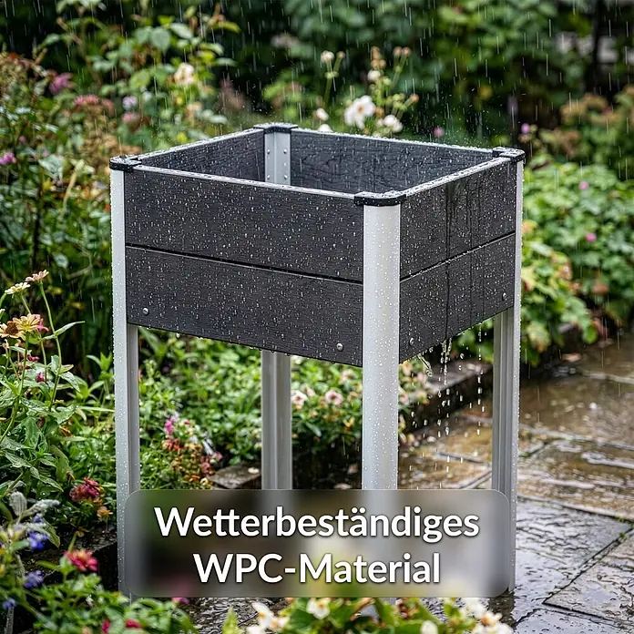 Floordirekt Hochbeet Salina - 60 x 50 x 90 cm, WPC, Anthrazit - Wetterbeständiges Hochbeet aus dunkelgrauem WPC mit silbernen Beinen im Regen.