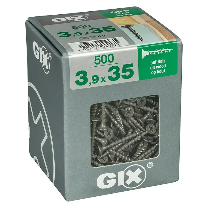 Spax Trockenbauschraube GIX B - Ø x L: 3,9 x 35 mm, Trompetenkopf, 500 Stk. - Eine graue Box mit GIX-Holzschrauben, Typ B, 3,9x35 mm, 500 Stück. Geeignet für Holzkonstruktionen.