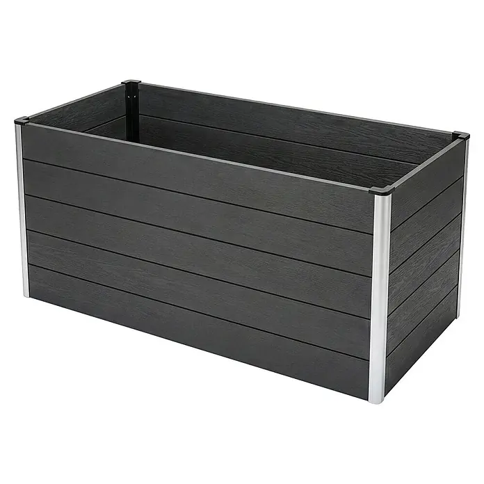 Floordirekt Hochbeet Kasos - 150 x 70 x 75 cm, WPC, Anthrazit - Rechteckiger, dunkelgrauer Komposit-Pflanzkübel mit silbernen Metalleckstützen.
