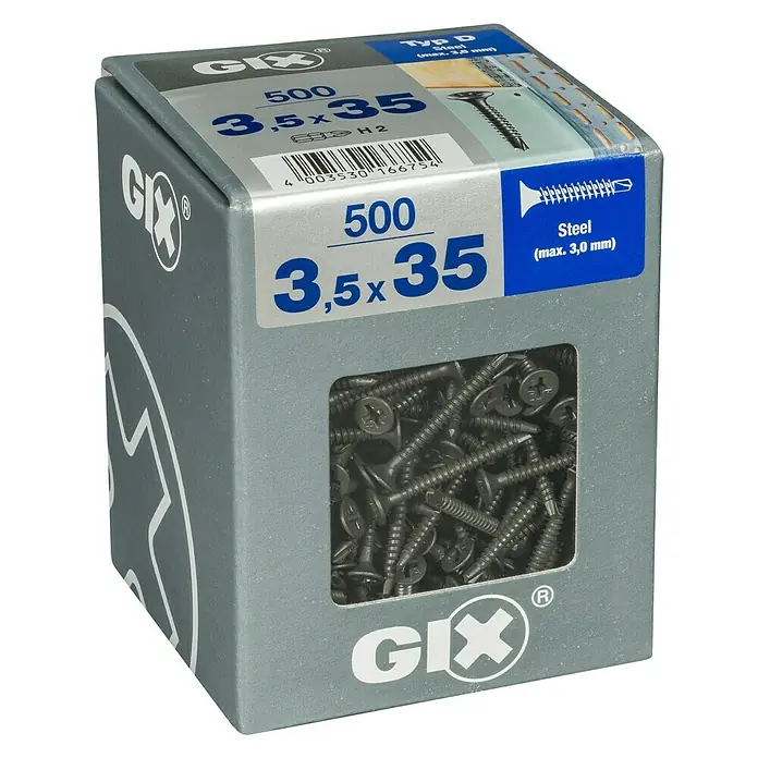 Spax Trockenbauschraube GIX D - Ø x L: 3,5 x 35 mm, Trompetenkopf, 500 Stk. - Eine Schachtel GIX Schrauben, 3,5 x 35 mm, 500 Stück, aus Stahl für Holz, präsentiert auf einem dunklen Hintergrund.