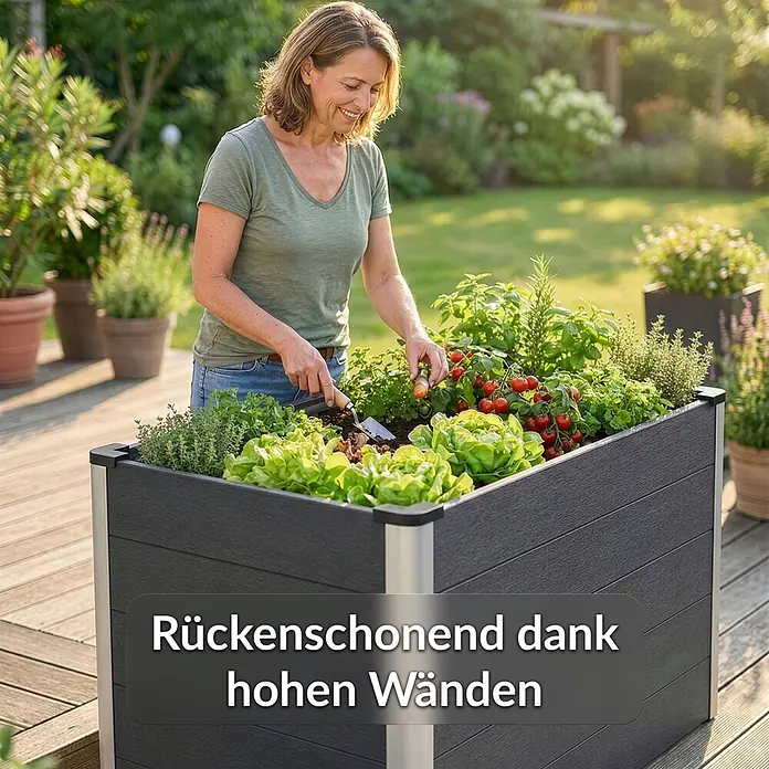 Floordirekt Hochbeet Kasos - 150 x 70 x 75 cm, WPC, Anthrazit - Dunkelgraues Hochbeet mit Silberpfosten, bepflanzt. Eine Frau gärtnert rückenfreundlich im Garten.