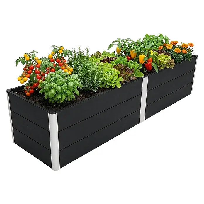 Floordirekt Hochbeet Paros - 200 x 50 x 45 cm, WPC, Anthrazit - Langes schwarzes Hochbeet mit Metallakzenten, bepflanzt mit Tomaten, Basilikum, Kräutern, Salat, Paprika und Ringelblumen.