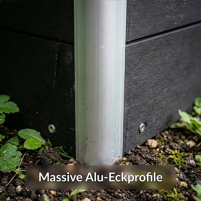 Floordirekt Hochbeet Paros - 100 x 50 x 45 cm, WPC, Anthrazit - Dunkle WPC-Planken mit massivem silbernem Alu-Eckprofil, im Gartenboden verankert.