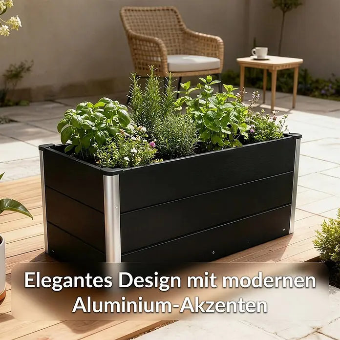 Floordirekt Hochbeet Paros - 100 x 50 x 45 cm, WPC, Anthrazit - Schwarzes Hochbeet mit modernen Aluminiumakzenten, gefüllt mit grünen Kräutern und Blumen auf einer Terrasse.