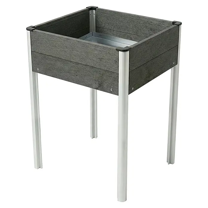 Floordirekt Hochbeet Salina - 60 x 50 x 90 cm, WPC, Anthrazit - Erhöhtes graues Pflanzgefäß aus WPC mit silbernen Metallbeinen und Innenauskleidung.