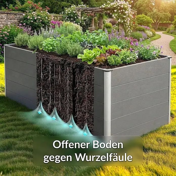 Floordirekt Hochbeet Delos - 150 x 70 x 75 cm, WPC, Anthrazit - Graues, lamellenförmiges Hochbeet in einem Garten, mit Schnittansicht von Wurzeln und Entwässerung gegen Wurzelfäule.