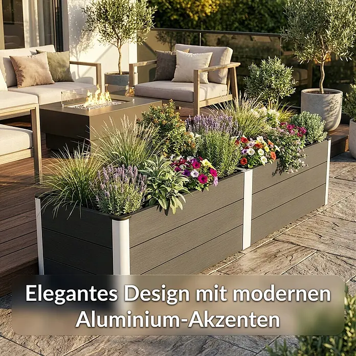 Floordirekt Hochbeet Paros - 200 x 50 x 45 cm, WPC, Anthrazit - Großes dunkelgraues Pflanzgefäß mit weißen Aluminiumakzenten, gefüllt mit bunten Pflanzen und Blumen, auf einer Außenterrasse.