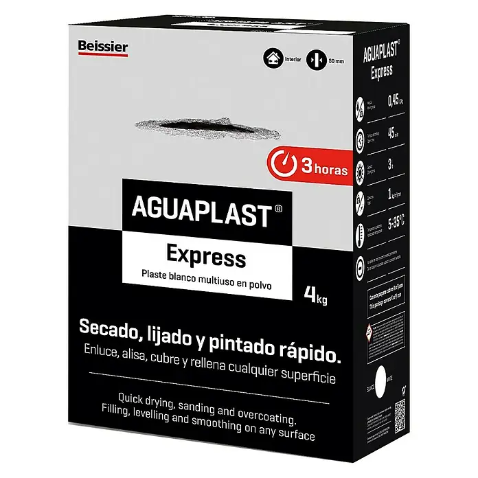 Beissier Aguaplast Plaste Express - Blanco, 4 kg - Una caja de emplaste Agualplast Express, un relleno de secado rápido, lijable y revestible para superficies lisas.