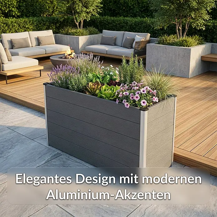 Floordirekt Hochbeet Kasos - 150 x 70 x 75 cm, WPC, Anthrazit - Dunkelgraues Pflanzgefäß mit modernen Aluminium-Akzenten, gefüllt mit Pflanzen, auf einer Terrasse.