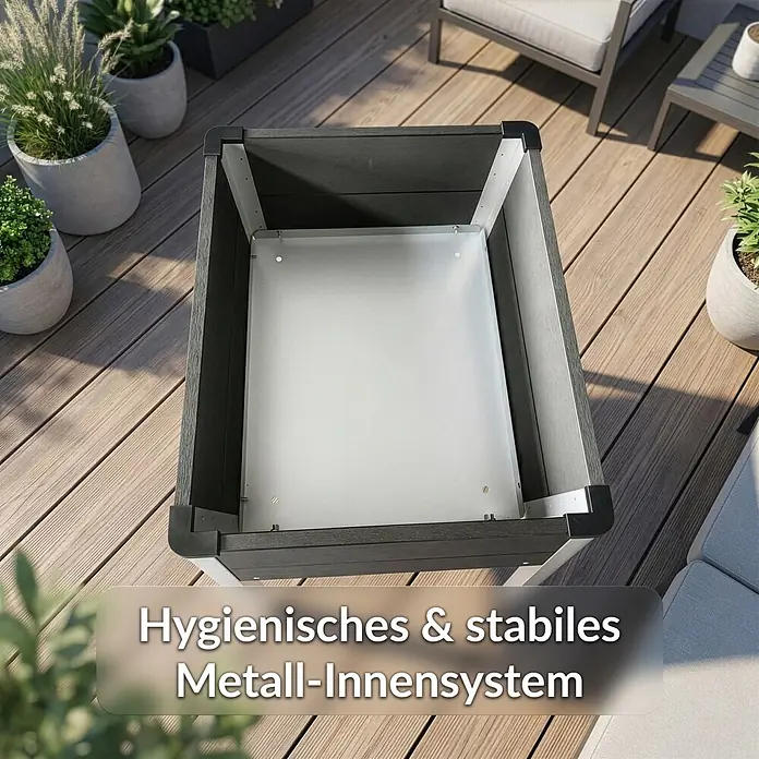 Floordirekt Hochbeet Salina - 60 x 50 x 90 cm, WPC, Anthrazit - Dunkelgraues Hochbeet mit hygienischem & stabilem Metall-Innensystem, auf Holzterrasse.