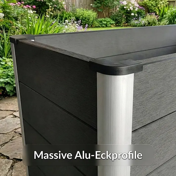 Floordirekt Hochbeet Kasos - 150 x 70 x 75 cm, WPC, Anthrazit - Dunkelgraues Hochbeet mit massiven Alu-Eckprofilen, platziert in einem Garten.