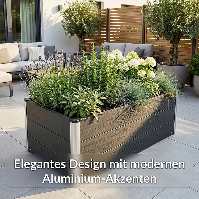 Floordirekt Hochbeet Paros - 150 x 50 x 45 cm, WPC, Anthrazit - Dunkelgrauer Pflanzkübel in Holzoptik mit modernen Aluminium-Akzenten, bepflanzt auf einer Terrasse.