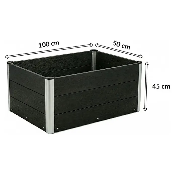 Floordirekt Hochbeet Paros - 100 x 50 x 45 cm, WPC, Anthrazit - Dunkelgraues Hochbeet, 100x50x45 cm, mit Holzoptik-Platten und silbernen Eckpfosten.