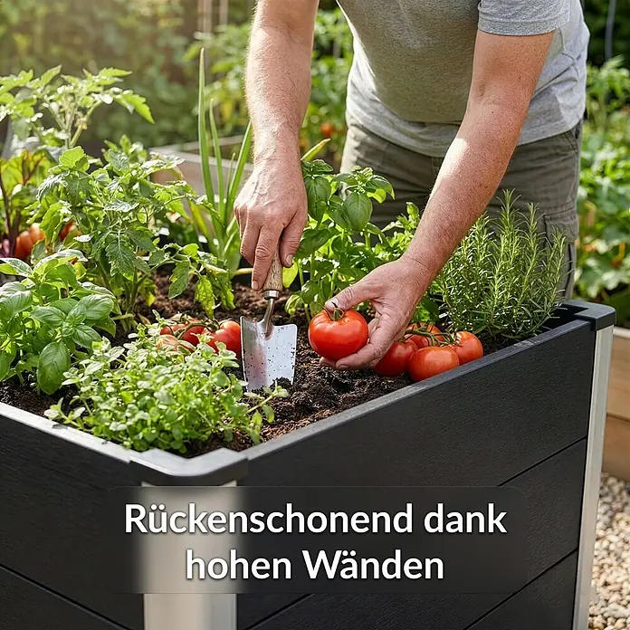 Floordirekt Hochbeet Paros - 100 x 50 x 45 cm, WPC, Anthrazit - Dunkelgraues Hochbeet mit Metallelementen, eine Person erntet Tomaten und zeigt die rückenfreundliche Höhe.