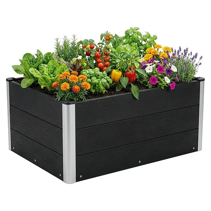 Floordirekt Hochbeet Paros - 100 x 50 x 45 cm, WPC, Anthrazit - Dunkelgraues Hochbeet mit silbernen Eckstützen, gefüllt mit buntem Gemüse, Kräutern und Blumen.