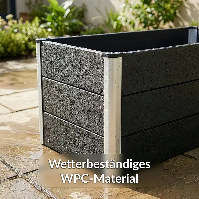 Floordirekt Hochbeet Paros - 100 x 50 x 45 cm, WPC, Anthrazit - Dunkles, wetterbeständiges WPC-Pflanzgefäß mit Wassertropfen auf der Oberfläche, draußen auf nassem Pflaster.