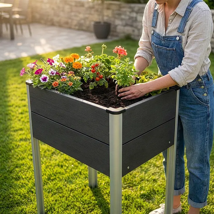 Floordirekt Hochbeet Salina - 60 x 50 x 90 cm, WPC, Anthrazit - Eine Person bepflanzt eine dunkelgraue Hochbeetbox mit silbernen Beinen und Blumen auf einem sonnigen Rasen.