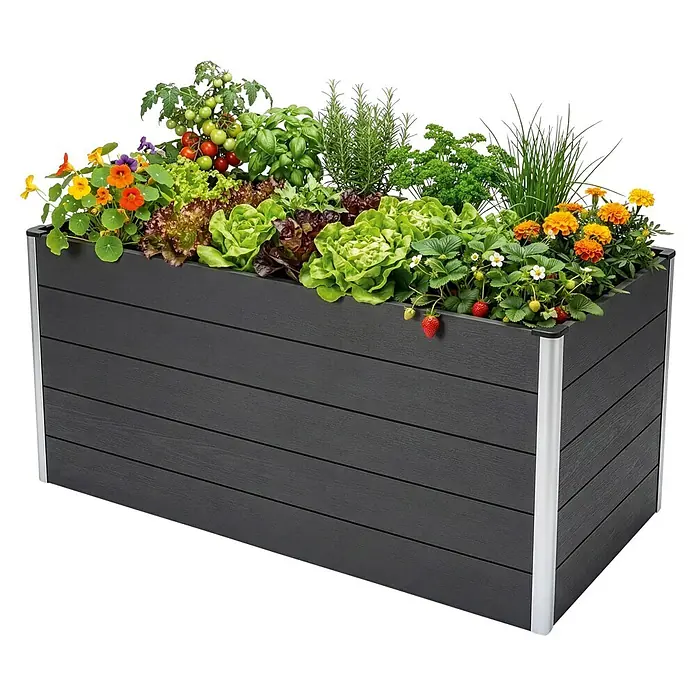 Floordirekt Hochbeet Kasos - 150 x 70 x 75 cm, WPC, Anthrazit - Dunkelgraues Hochbeet mit silbernen Ecken, bepflanzt mit verschiedenen Gemüsesorten, Kräutern und Blumen.
