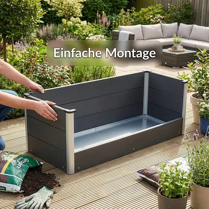 Floordirekt Hochbeet Paros - 150 x 50 x 45 cm, WPC, Anthrazit - Dunkelgraues WPC-Hochbeet mit Aluminiumpfosten wird im Garten montiert.