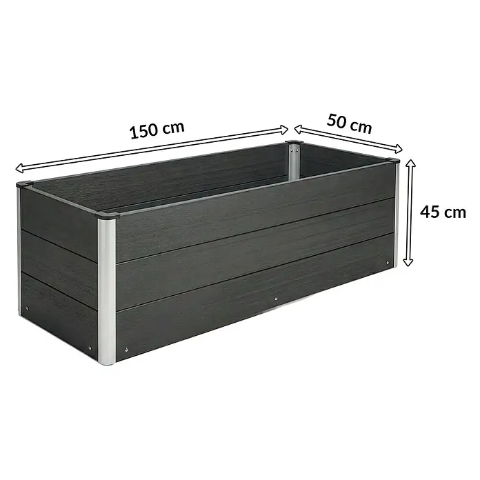 Floordirekt Hochbeet Paros - 150 x 50 x 45 cm, WPC, Anthrazit - Dunkelgraues rechteckiges Hochbeet mit silbernen Eckpfosten, 150x50x45 cm.