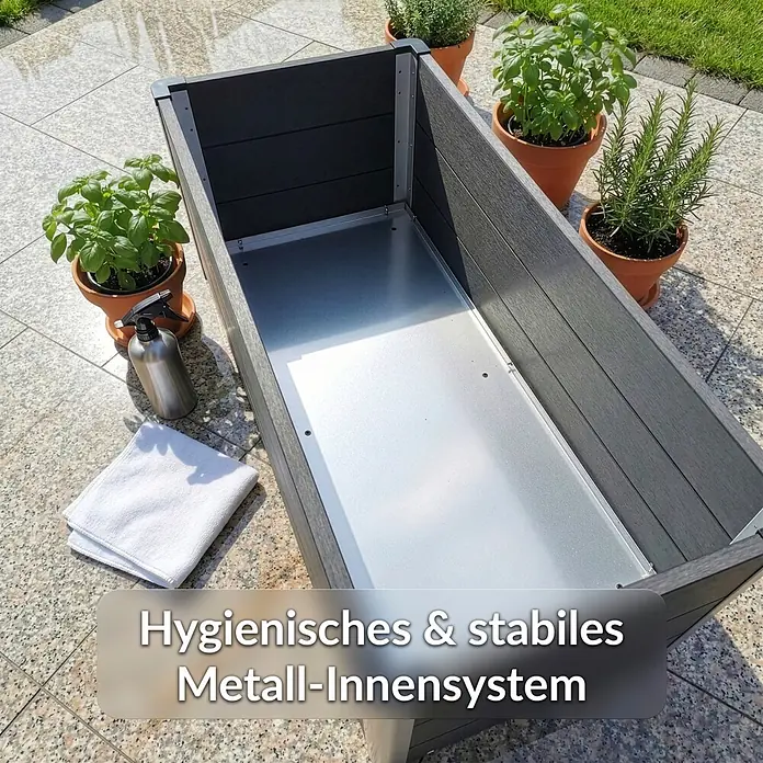 Floordirekt Hochbeet Paros - 150 x 50 x 45 cm, WPC, Anthrazit - Dunkelgrauer Pflanzkasten mit hygienischem, stabilem Metall-Innensystem für Pflanzen.