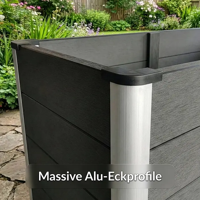 Floordirekt Hochbeet Delos - 150 x 70 x 75 cm, WPC, Anthrazit - Dunkelgraues Hochbeet aus Verbundwerkstoff mit massiven Aluminium-Eckprofilen im Garten.