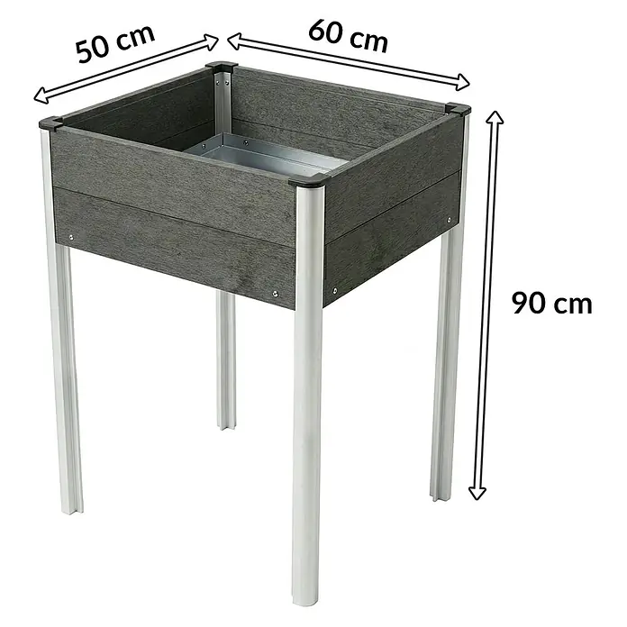 Floordirekt Hochbeet Salina - 60 x 50 x 90 cm, WPC, Anthrazit - Dunkelgraues Hochbeet in Holzoptik auf silbernen Beinen, 60x50x90 cm.