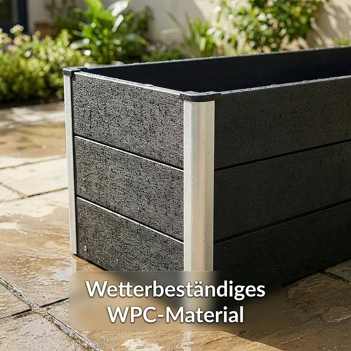 Floordirekt Hochbeet Paros - 200 x 50 x 45 cm, WPC, Anthrazit - Schwarzer WPC-Pflanzkasten mit silbernen Ecken, bedeckt mit Wassertropfen, betont wetterbeständiges Material für den Außenbereich.