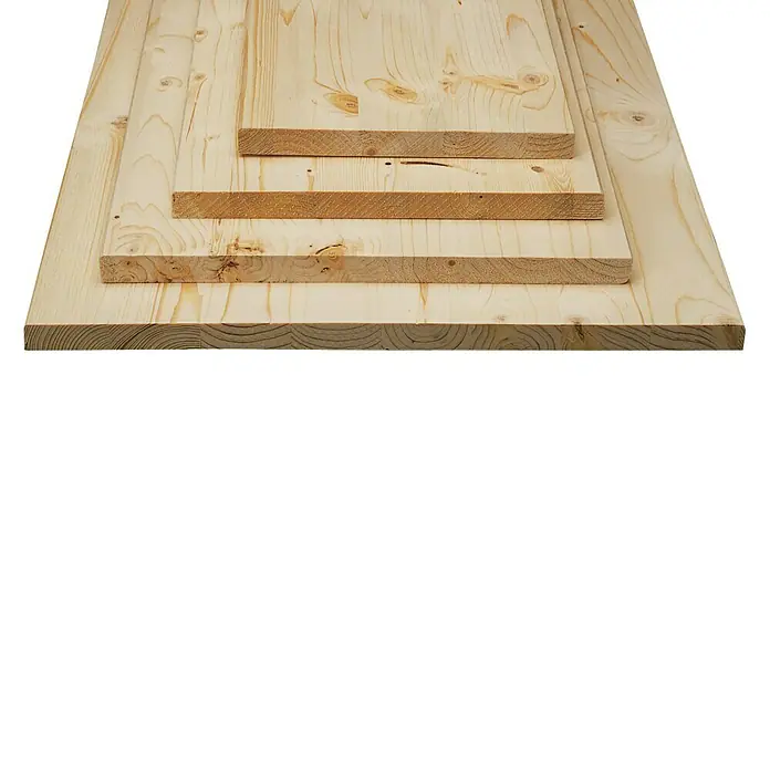 Leimholzplatte Naturwuchs - Kiefer, Qualitätsstufe Leimholzplatte: C/C, 2.000 x 200 x 18 mm - Stapel unbehandelter Holzbretter, ideal für DIY-Projekte und Holzarbeiten, mit sichtbarer Maserung und natürlichen Farbtönen.