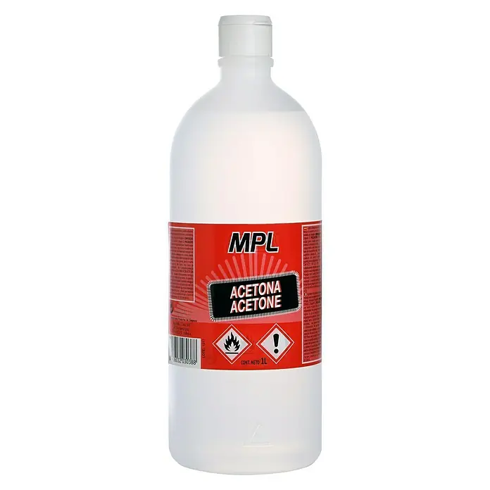 MPL Acetona - 1 l - Bote de acetona MPL con etiqueta roja, que muestra los avisos de "inflamable" e "irritante" con el contenido neto de 1 litro.