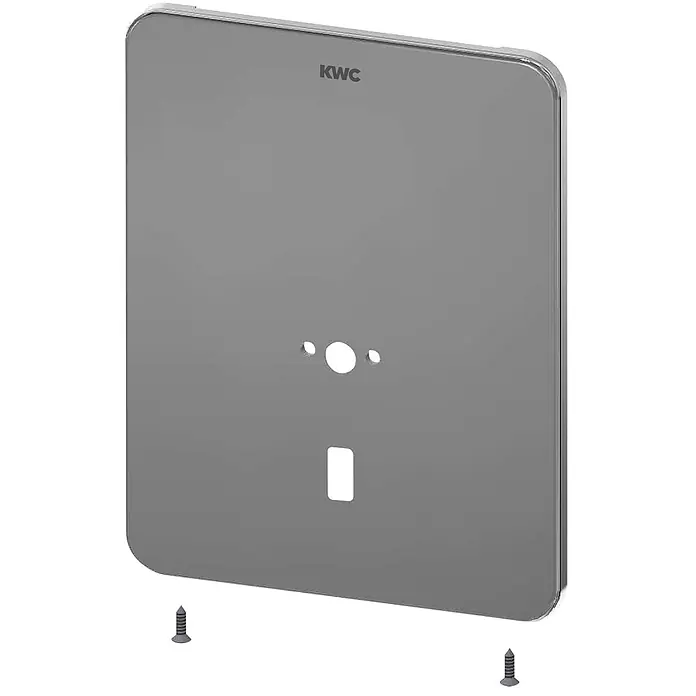 KWC Waschbecken KWC -  - Graue, metallische KWC Abdeckplatte mit abgerundeten Ecken, mittigen Aussparungen und zwei Schrauben.