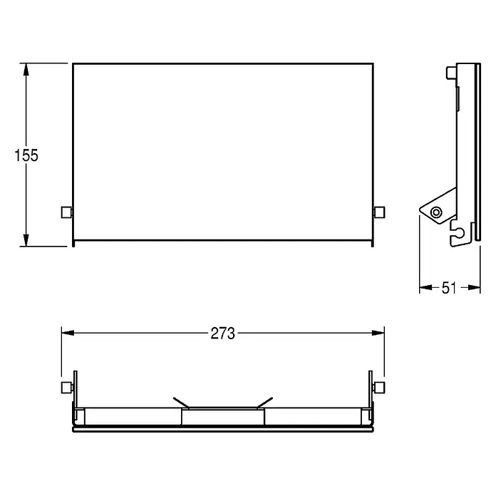 KWC Betätigungsplatte - Schwarz - Technische Zeichnung einer rechteckigen Einschubkomponente, Maße 273x155x51mm, mit integrierten Montagehalterungen.
