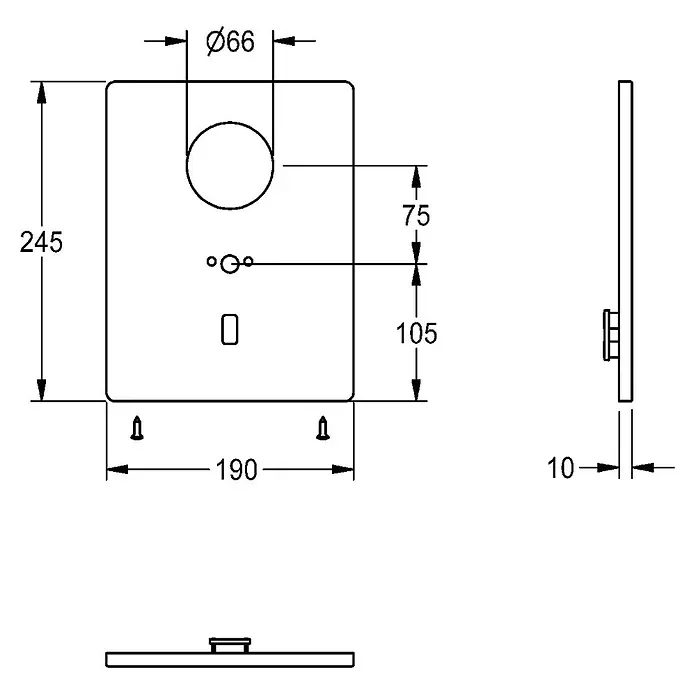 KWC Waschbecken KWC -  - Technische Zeichnung einer rechteckigen Platte (245x190mm) mit runden Ecken, Aussparungen (u.a. Ø66mm Loch) und 10mm Dicke.