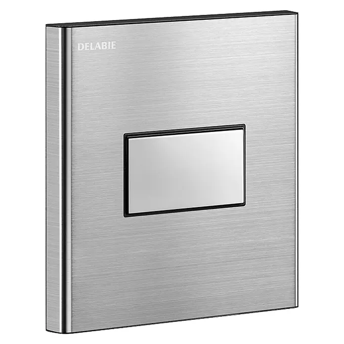 Delabie Betätigungsplatte Delabie Urinalspüler TEMPOFLUX UP Edst. satiniert 7 Sek. Set 2/2 -  - DELABIE Spülplatte aus gebürstetem Edelstahl mit rechteckigem weißem Druckknopf und schwarzem Rahmen.