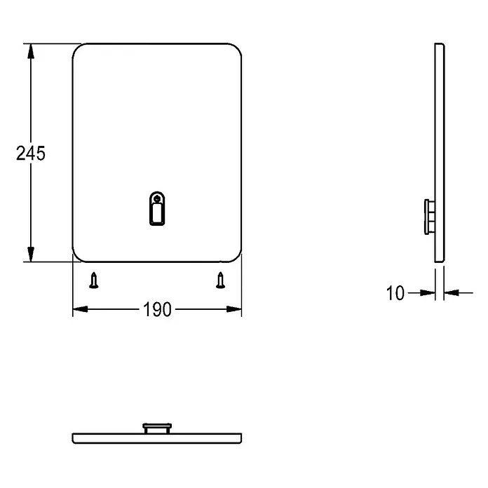 KWC Waschbecken KWC -  - Technische Zeichnung einer rechteckigen Toiletten-Betätigungsplatte (245x190x10mm) mit abgerundeten Ecken und mittigem Drücker.