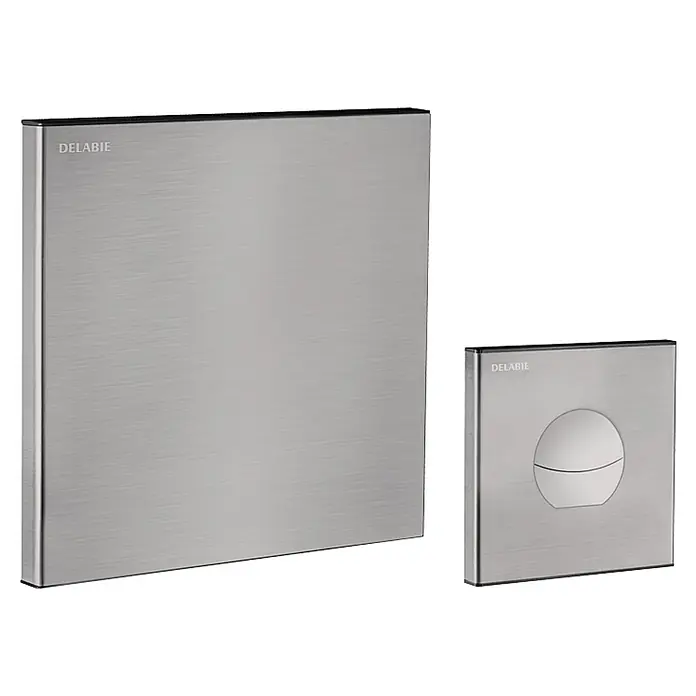 Delabie Betätigungsplatte Delabie WC-Druckspüler TEMPOFLUX 3 3/4", UP AB, mit Fernbetätigung -  - Zwei DELABIE-Spülplatten aus gebürstetem Edelstahl; eine blanko, eine mit Doppelspülknopf.