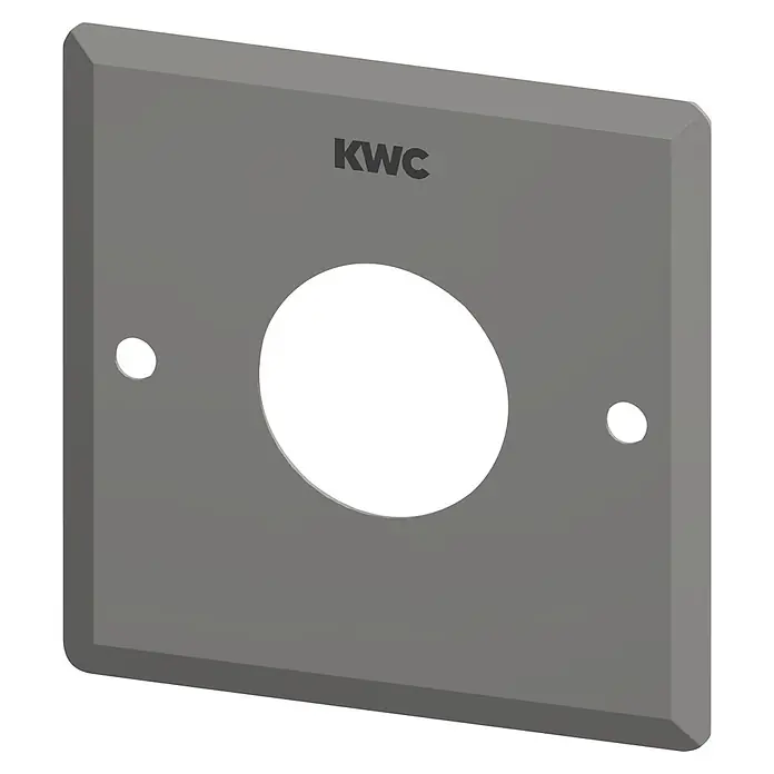 KWC Waschbecken KWC -  - Graue quadratische Abdeckplatte mit großer runder Aussparung, zwei Schraublöchern und 'KWC' Schriftzug. Abgeschrägte Kanten.