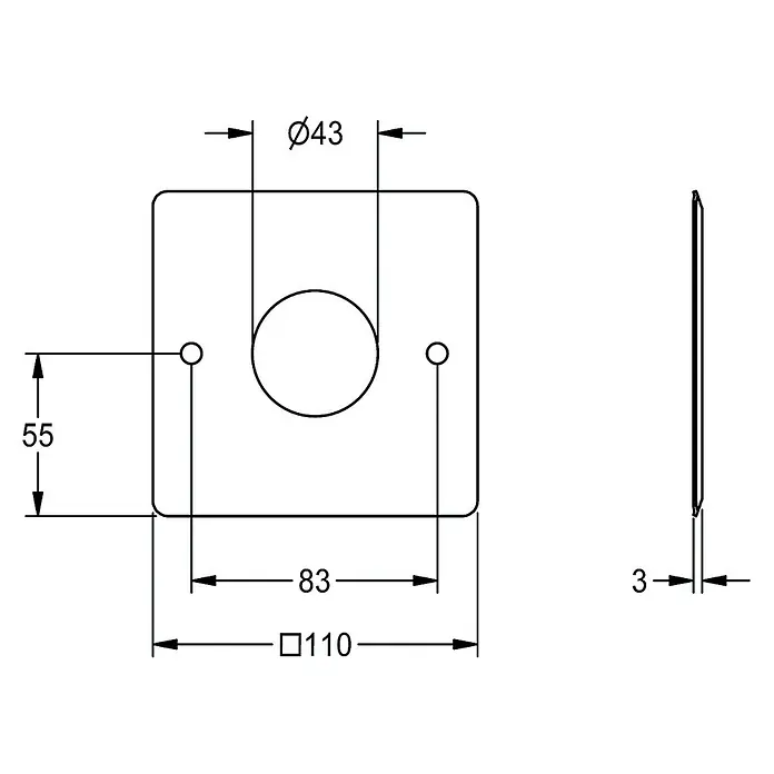 KWC Waschbecken KWC -  - Technische Zeichnung einer quadratischen Montageplatte, 110x110x3mm, mit mittiger Ø43mm Bohrung und zwei kleineren Befestigungslöchern.