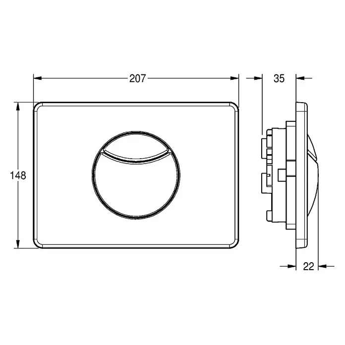 KWC Waschbecken KWC -  - Technische Zeichnung einer rechteckigen Toiletten-Betätigungsplatte mit rundem Knopf, Maße 207x148x35 mm.