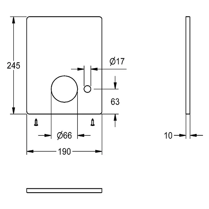 KWC Waschbecken KWC -  - Technische Zeichnung einer rechteckigen Platte (245x190x10mm) mit zwei runden Ausschnitten (Ø66mm, Ø17mm).