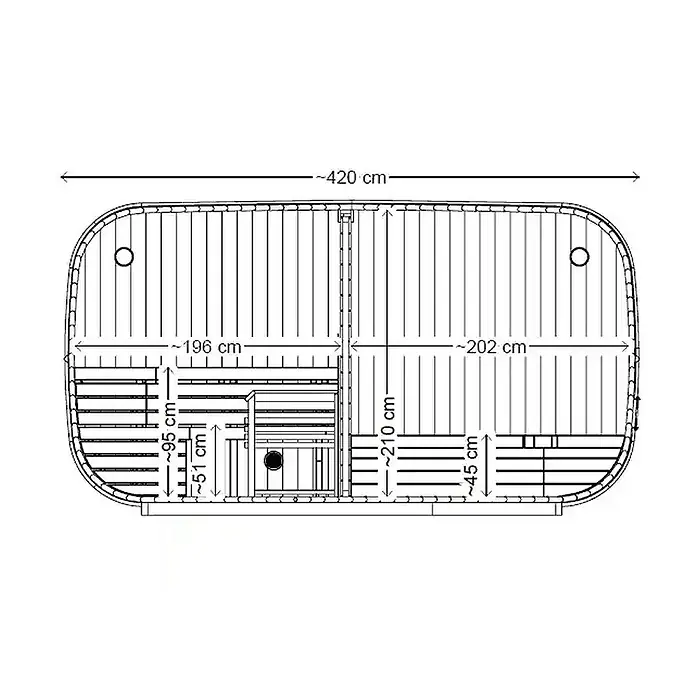 FinnTherm Fasssauna ScandiCube Space black Spiegelglas - Holz, L x B x H: 230 x 42 x 230 cm - Technische Draufsicht einer ovalen Fasssauna mit zwei Abteilen, Innenbänken und Hauptmaßen in Zentimetern.